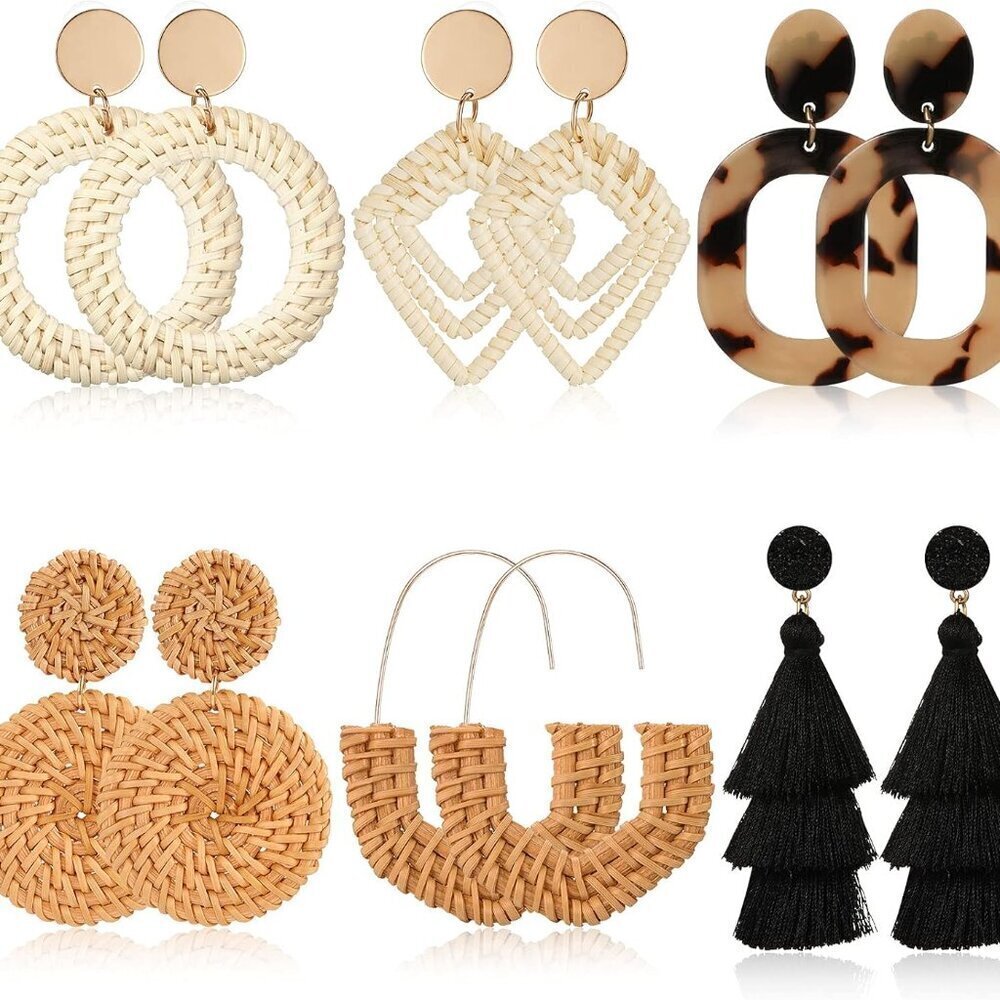 6 Pairs of Handmade Bohemian Rattan Earrings - Stylish Summer Accessory Set